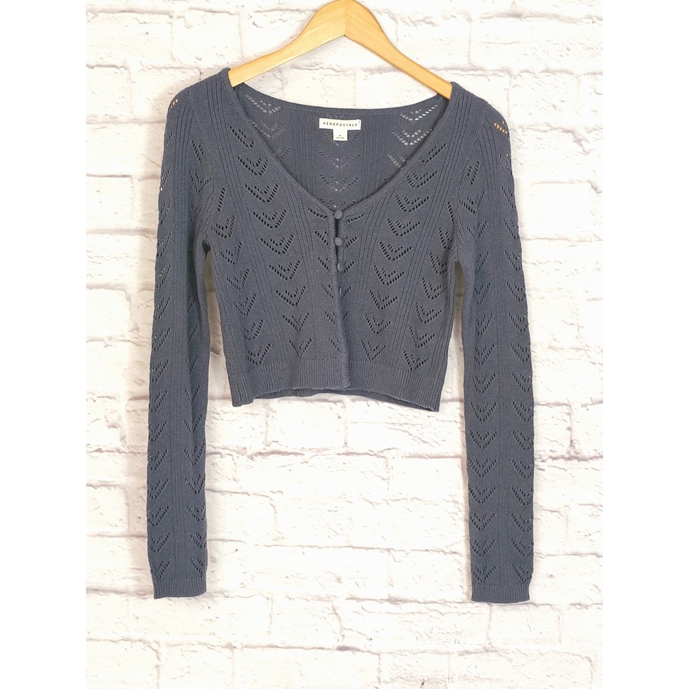 Y2K Aeropostale Cropped Open Knit Slate Blue‎ Cropped Gray Cardigan Jrs Large